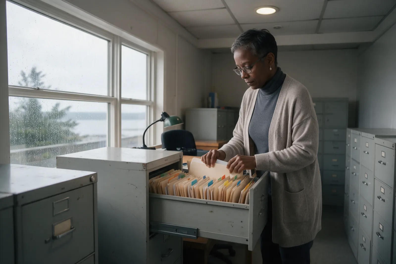 An examiner slides a thick tabbed file back into a suspension folder in an open drawer.