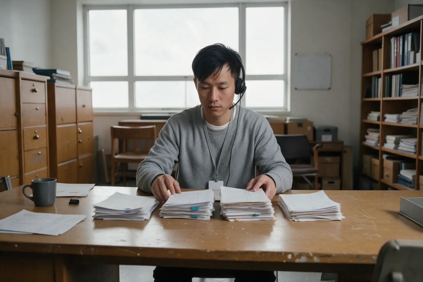 A coordinator squares up four uneven stacks of tabbed records along the edge of a long table, counting them.