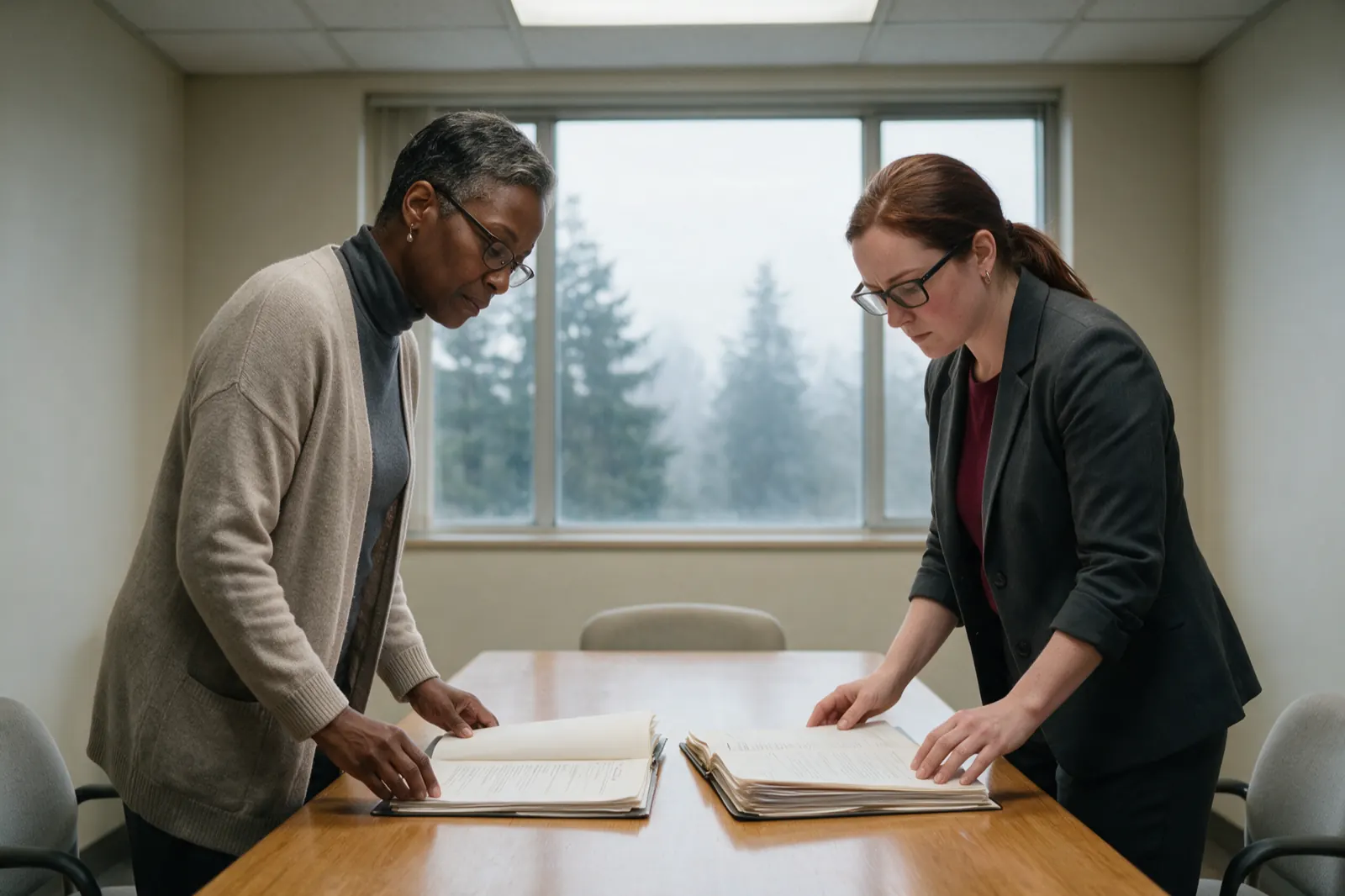 Two people stand on either side of a table comparing two open files laid side by side.