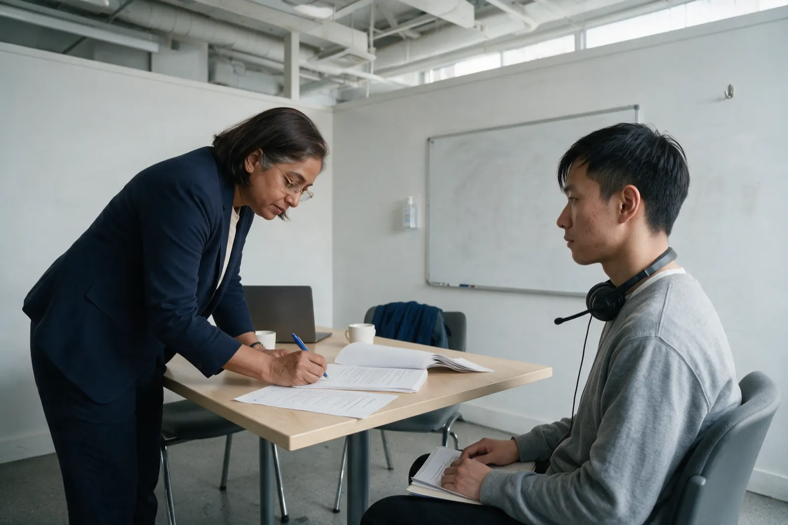 An examiner sits across the corner of a small meeting table. She is initialing the last page of a printed report with a ballpoint, the instructing-questions sheet lying beside....