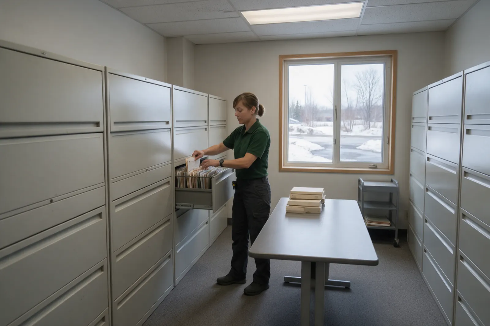 An examiner slides a thick tabbed file back into a suspension folder in an open drawer.