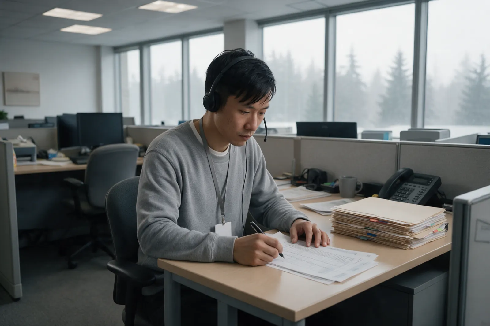 A coordinator works down a printed list with a pen, phone headset on, a stack of tabbed folders at their elbow.
