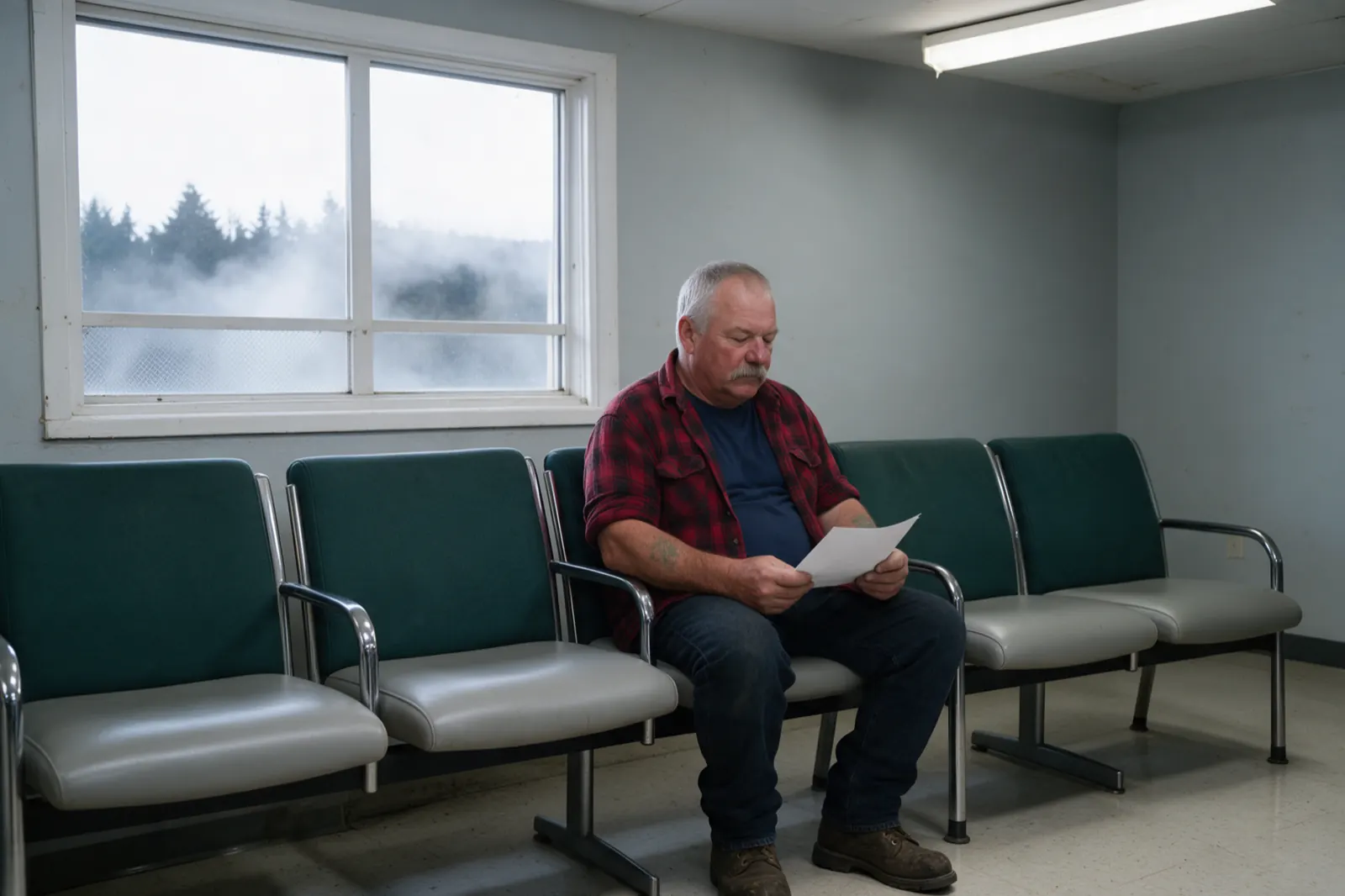 The reception desk stands empty between appointments, a sign-in clipboard squared on the counter and a stack of blank forms beside it.