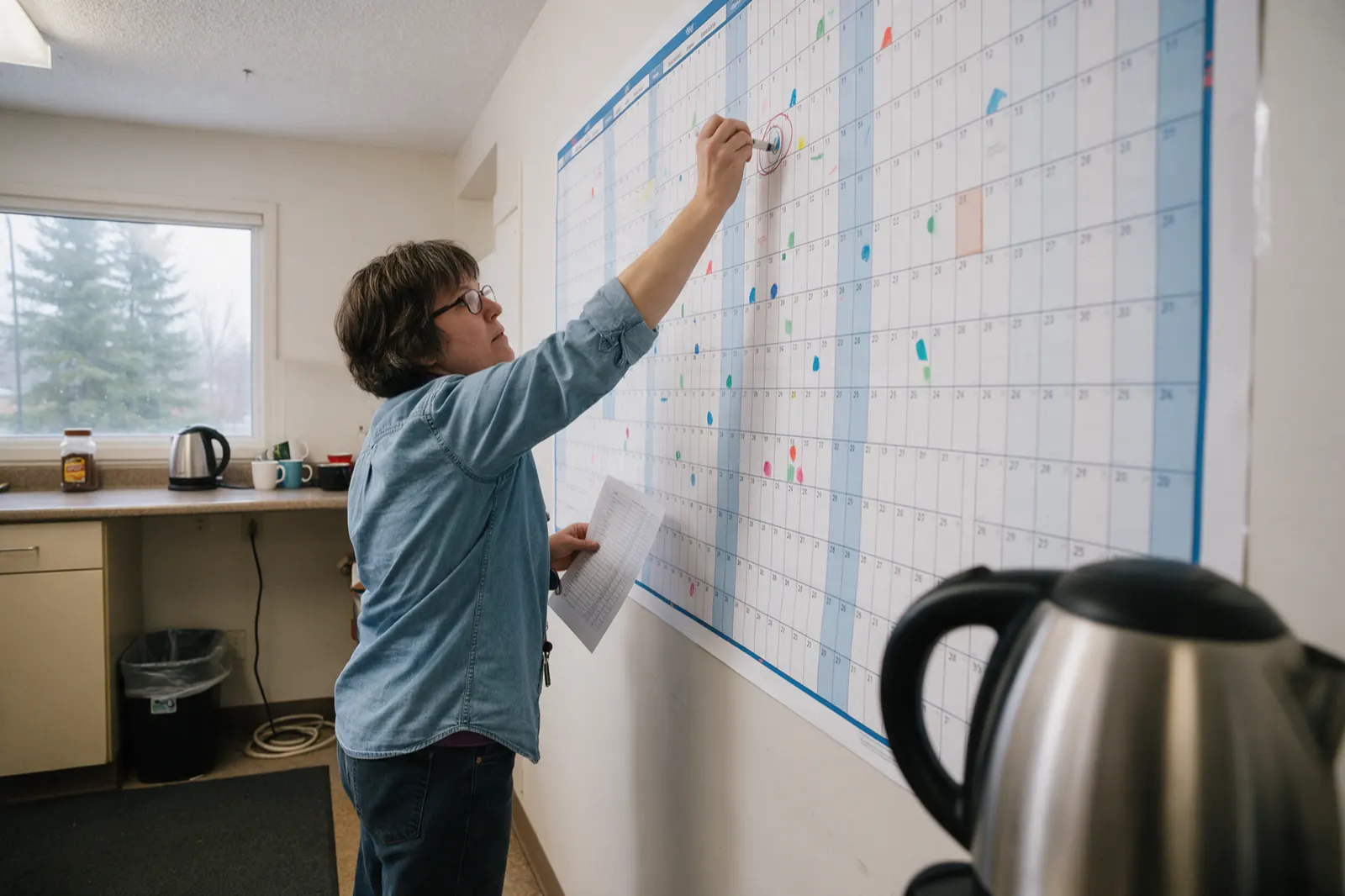 A large paper wall calendar hangs above a kitchenette counter. An adult right hand, pencils a small circle on one date square; the calendar is angled so no month name, weekday....