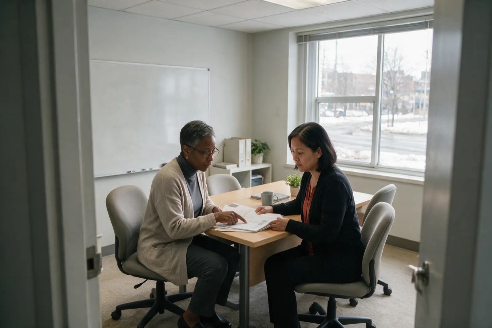 Two people sit at the corner of a meeting table going through a printed report together, one pointing at a paragraph.