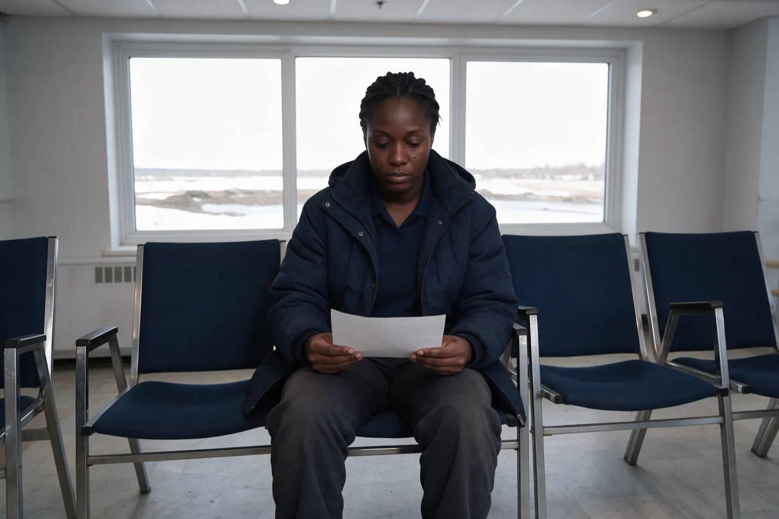 One person waits in a row of chairs, coat still on, reading a single sheet of paper.
