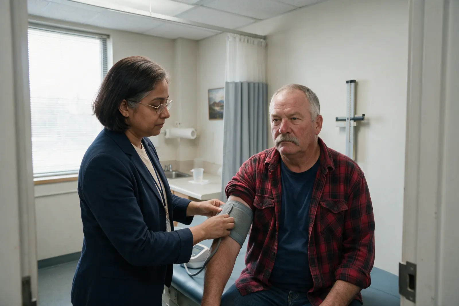 A commercial driver medical, mid-appointment. He sits on the edge of a pale blue vinyl examination table, left shirtsleeve pushed up. She stands at his left side wrapping a....