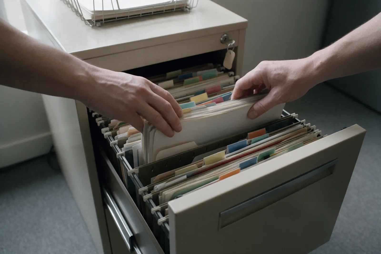 Hands lower a tabbed paper file into a suspension folder in a filing cabinet drawer.