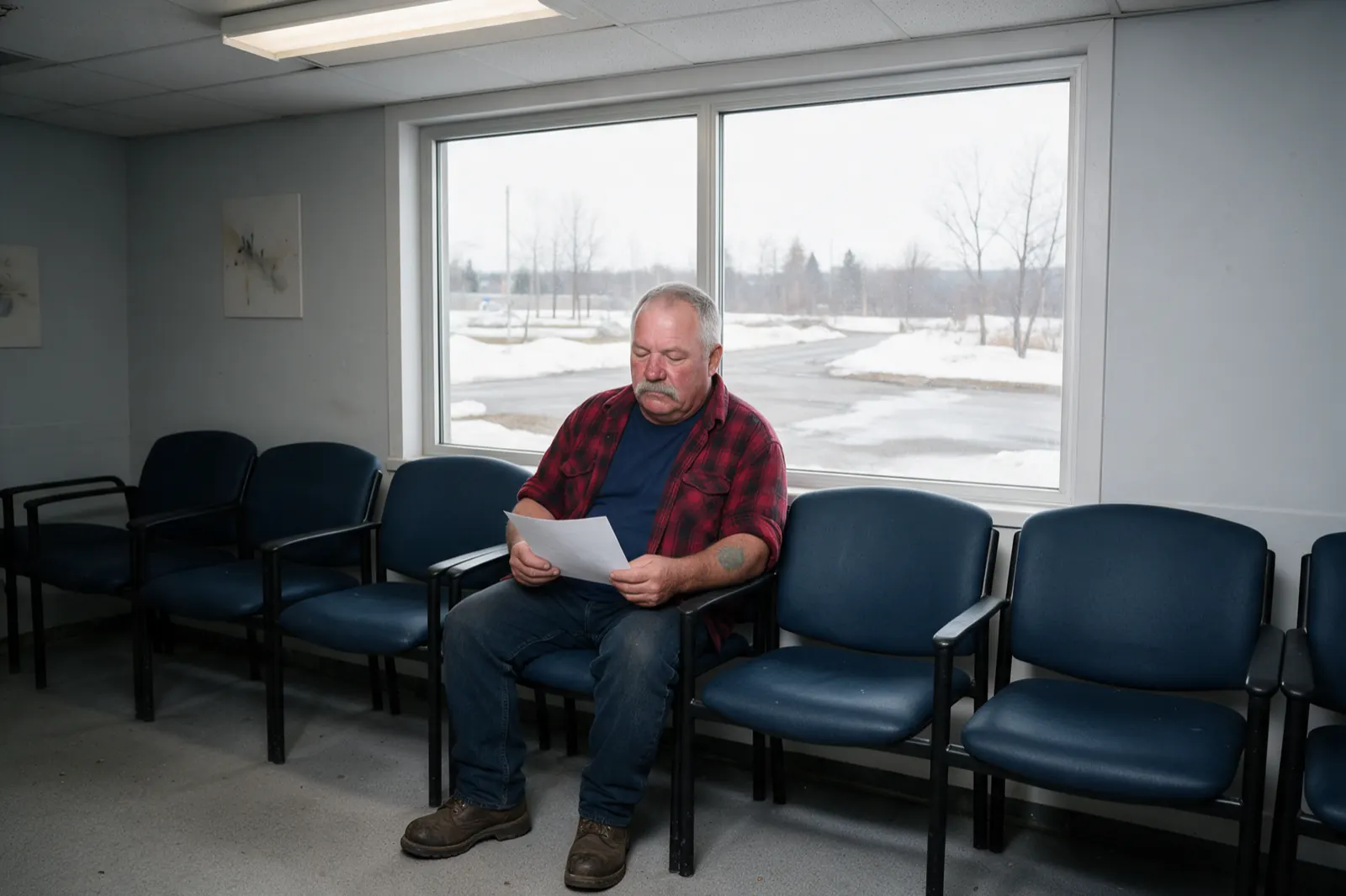 One person waits in a row of chairs, coat still on, reading a single sheet of paper.