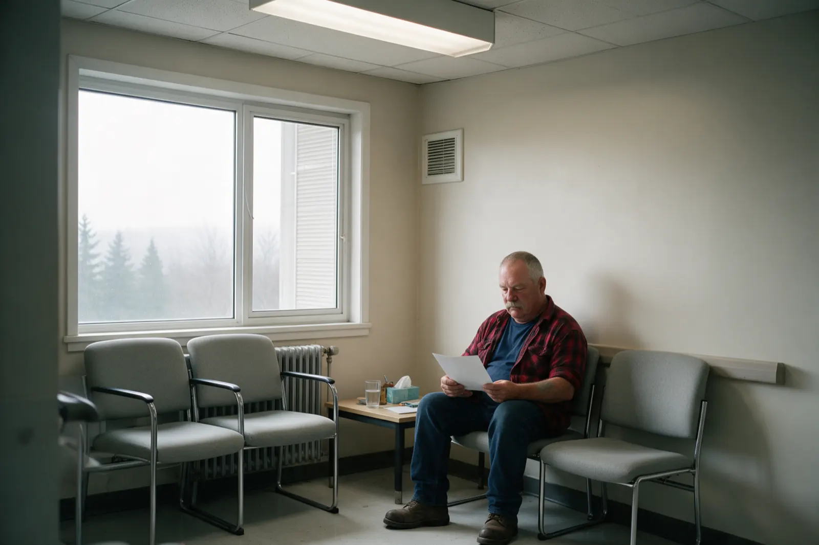 One person waits in a row of chairs, coat still on, reading a single sheet of paper.