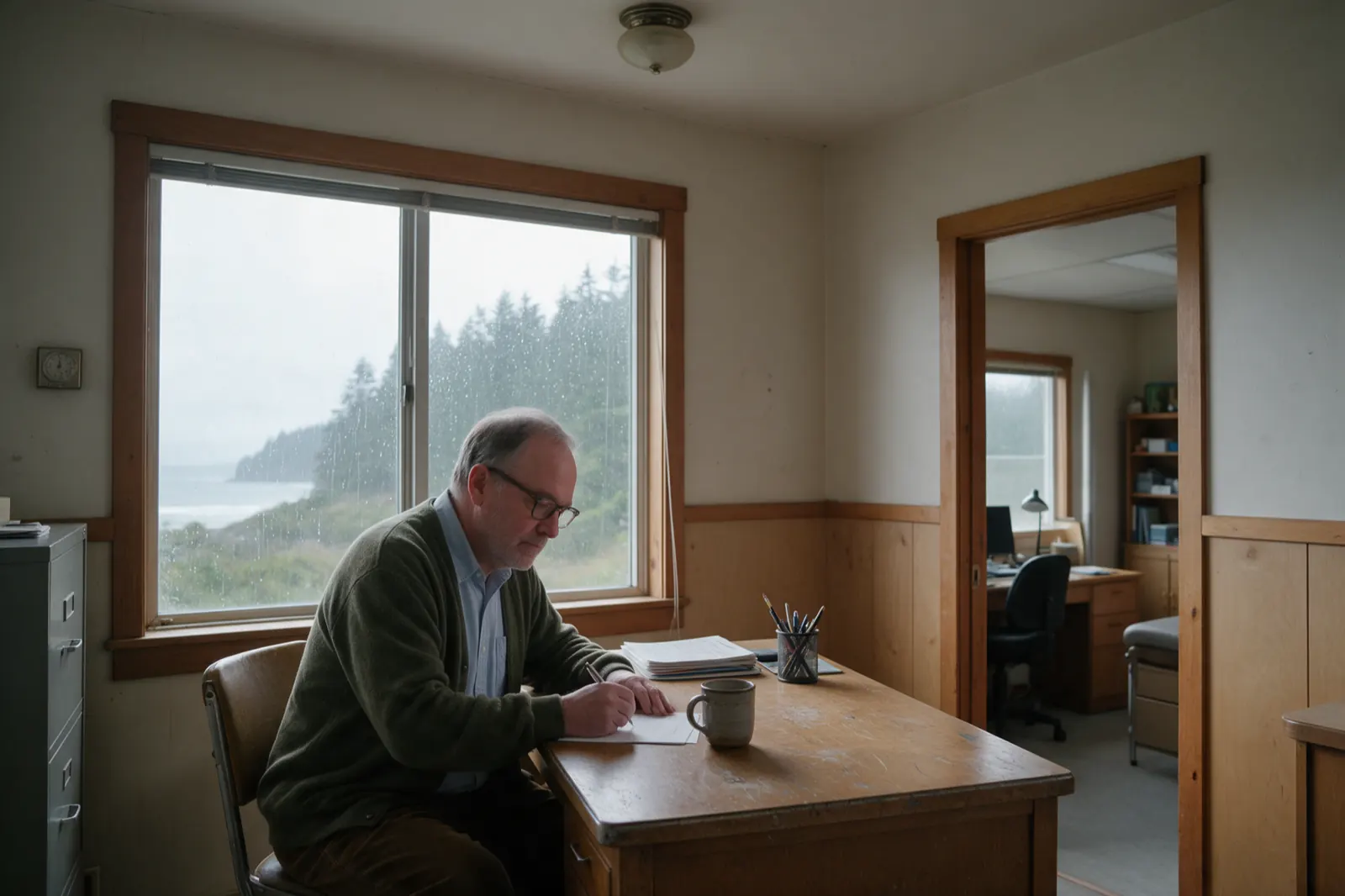 An examiner writes up findings by hand at a desk after an appointment, the examination room visible behind through an open door.