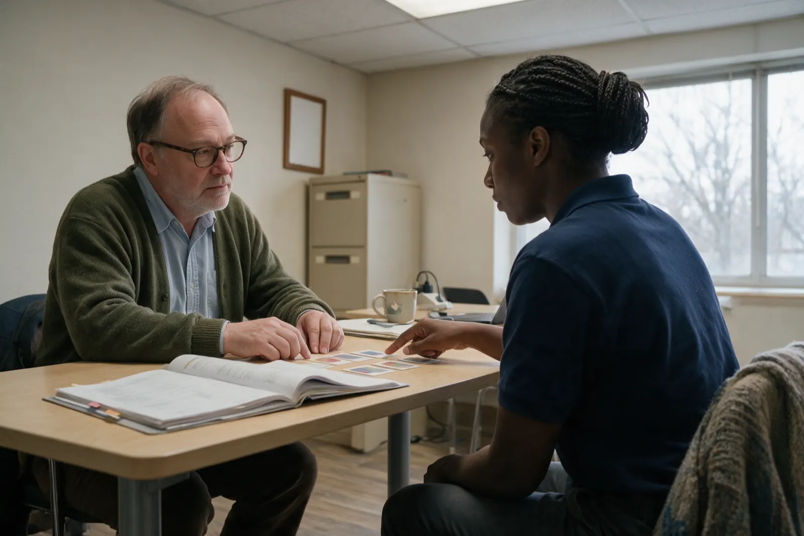 A psycho-vocational assessment, work history being read as skills. They sit at a light wood table. She leans forward pointing at one of several plain occupation cards spread in....