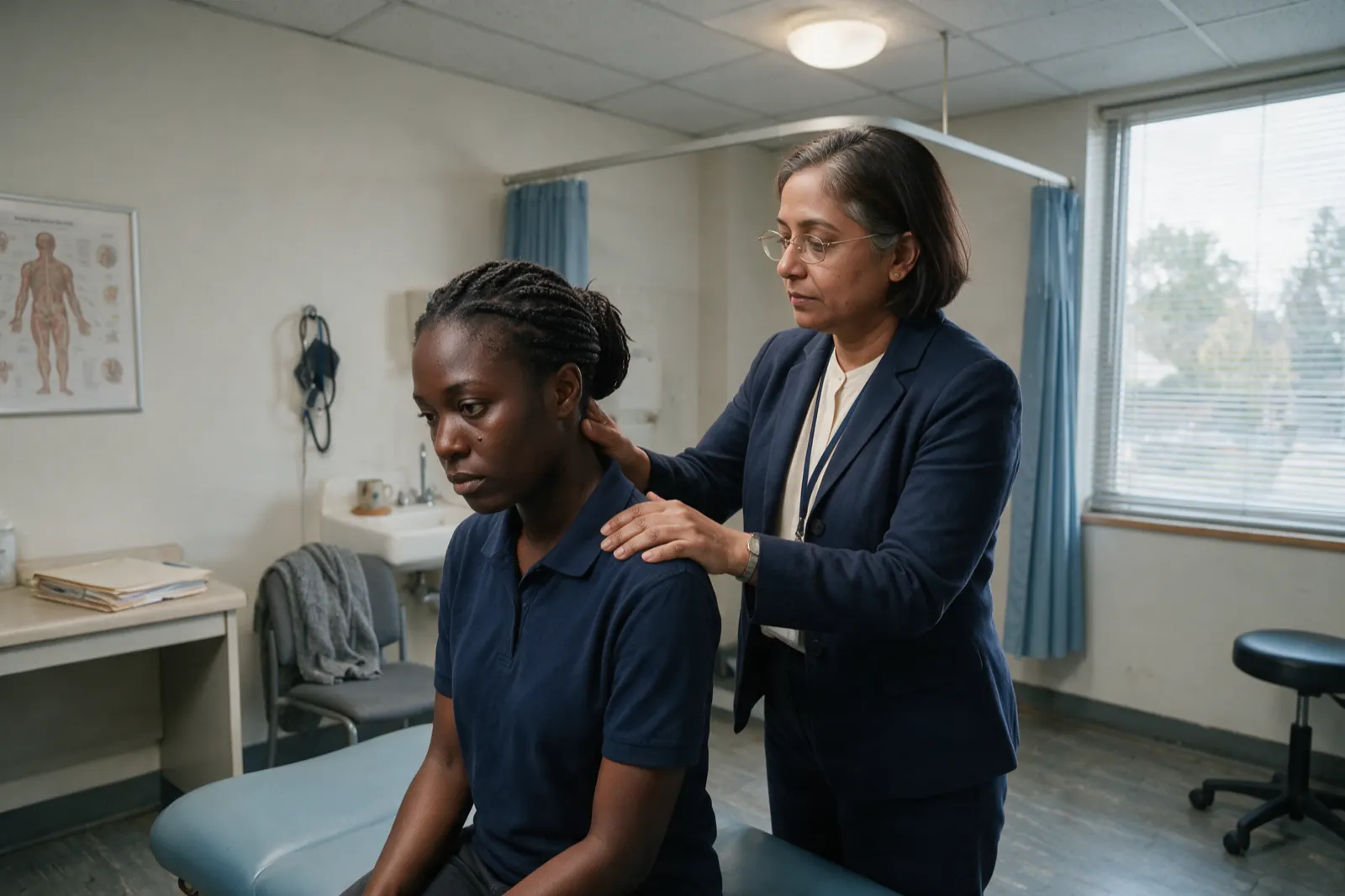 A workers' compensation appeal examination of the neck. The younger woman sits on the edge of a pale blue vinyl examination table, looking down and to the left. The older woman....