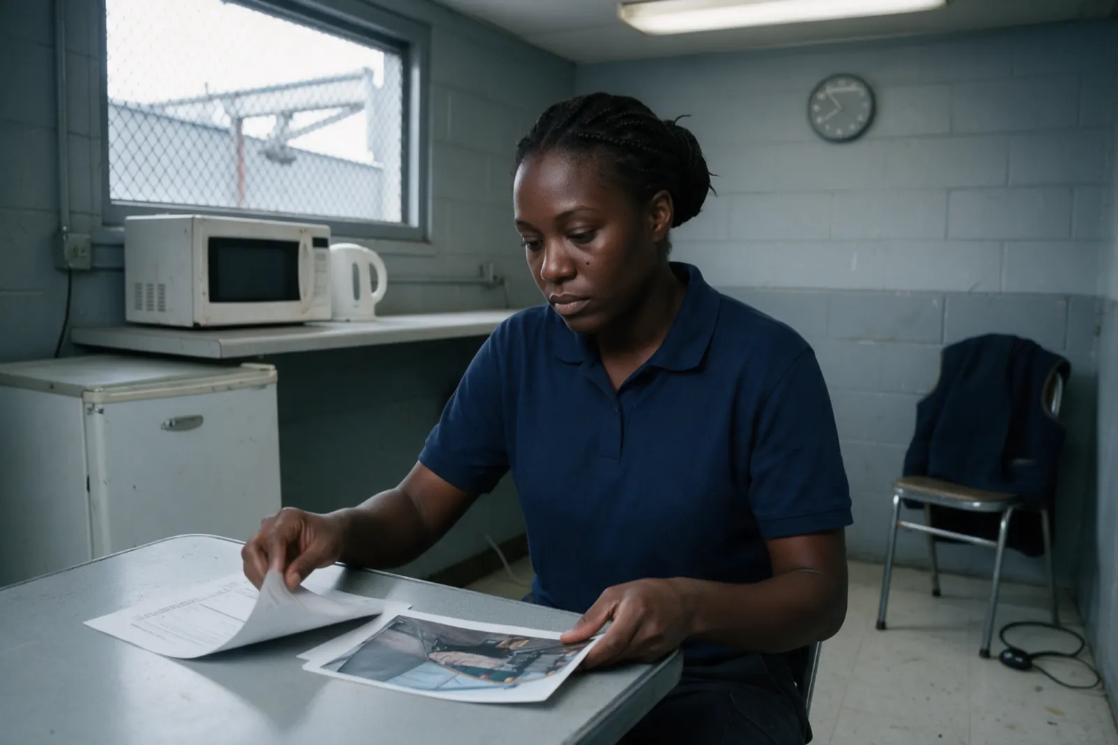 An examinee sits alone at a laminate break-room table in a warehouse office turning a printed job-demands sheet with one hand so she can look at a worksite photograph print....